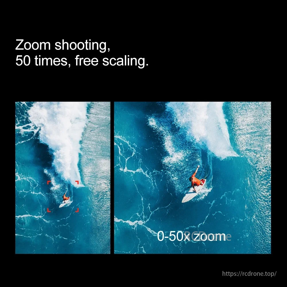 M6 Drone, Zoom shooting, 50 times free scaling. Demonstrates 0-50x zoom capability effectively.