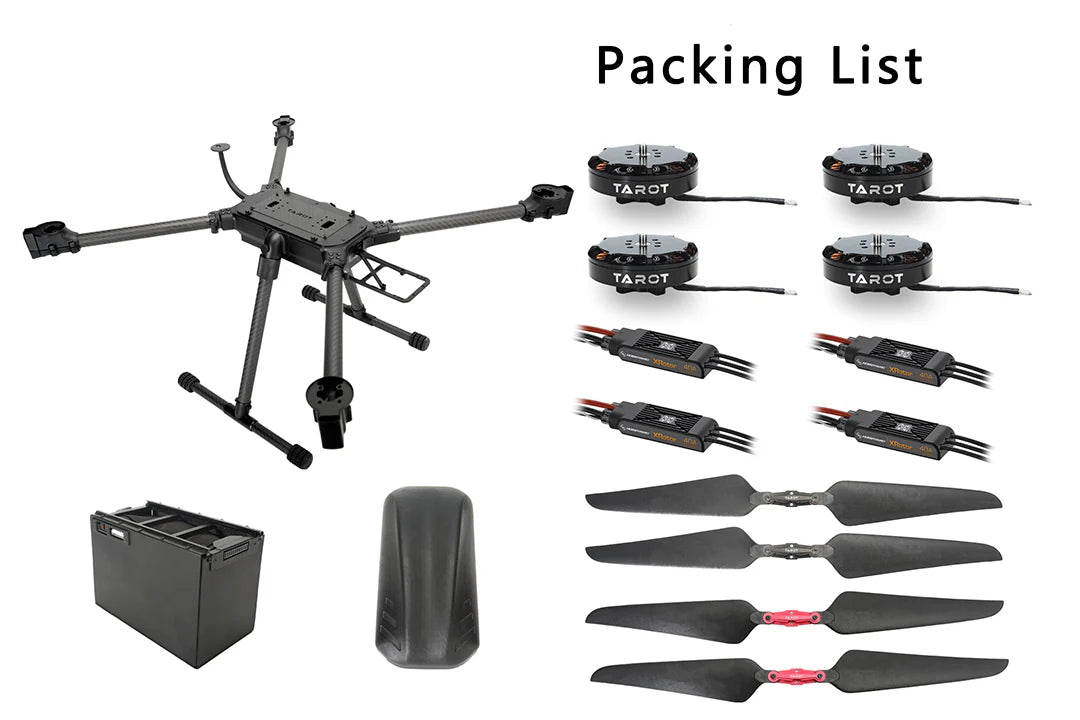 The Tarot M690A Drone has a packing list and features like altitude hold mode, one-touch disarming, and a foldable design.