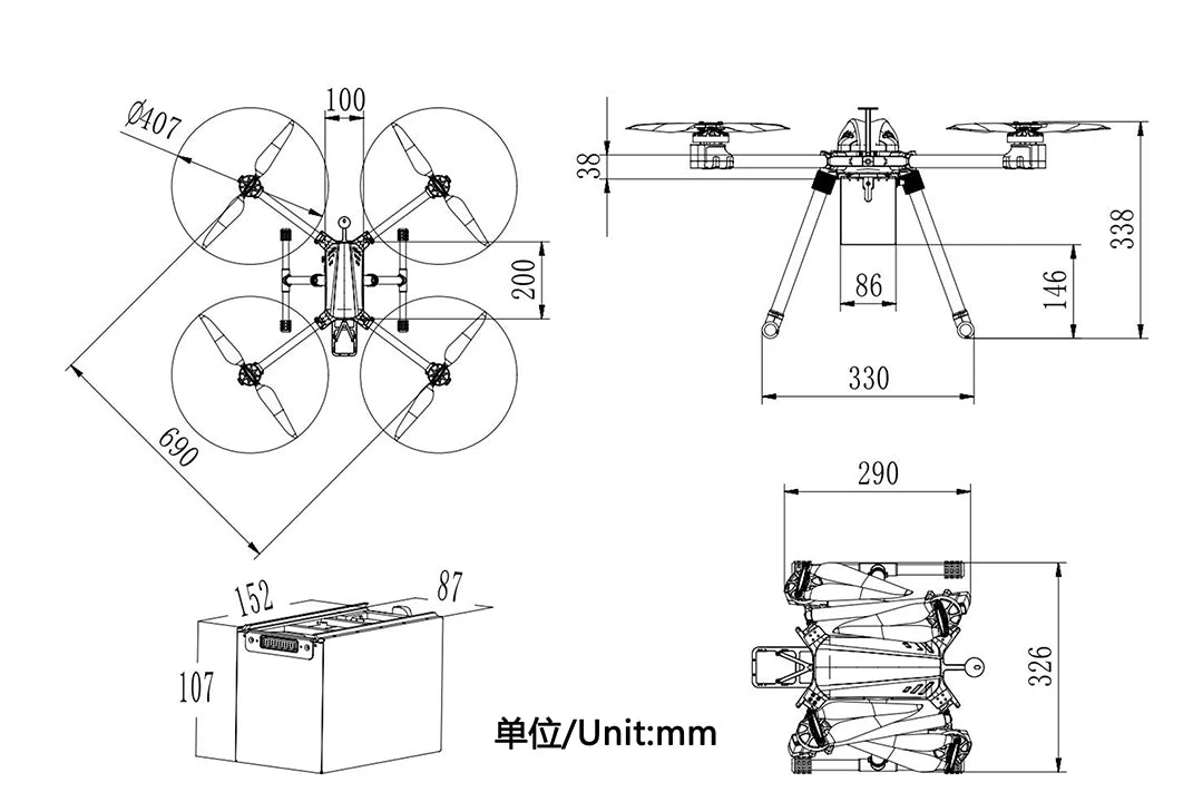 Tarot M690A, The drone features an aluminum alloy frame, which is durable and lightweight, making it suitable for industrial use and easy transportation.