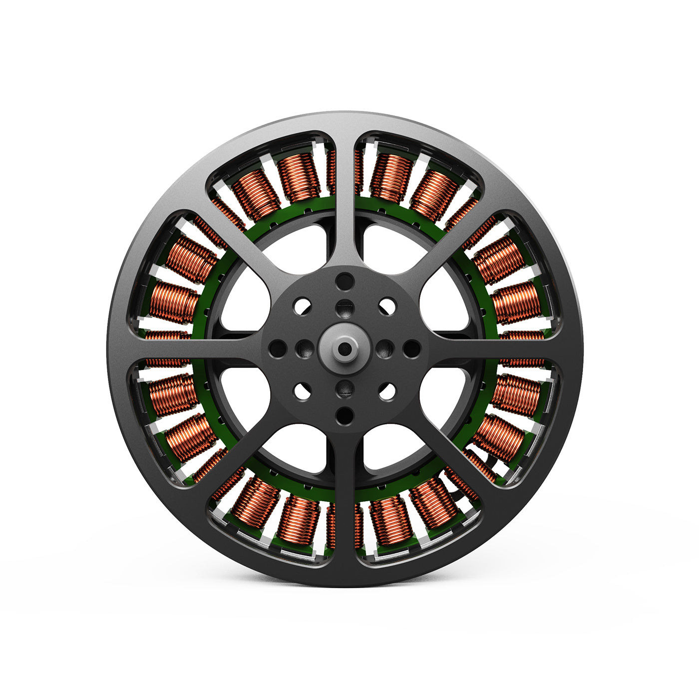 MAD Antimatter M6C06 V3 EEE brushless drone motor, top view with copper windings and open spoke rotor