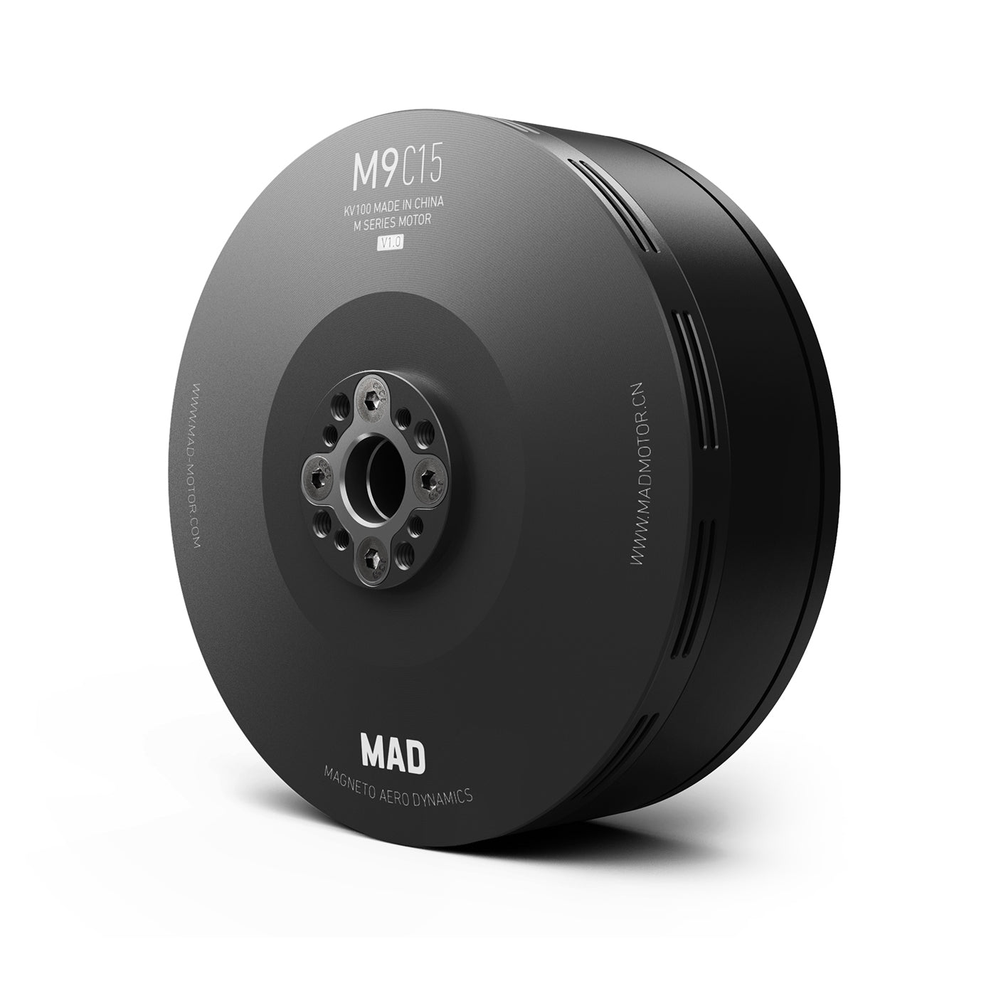 MAD M9C15 IPE V1.0 drone motor with black cylindrical housing and multi-hole mounting hub