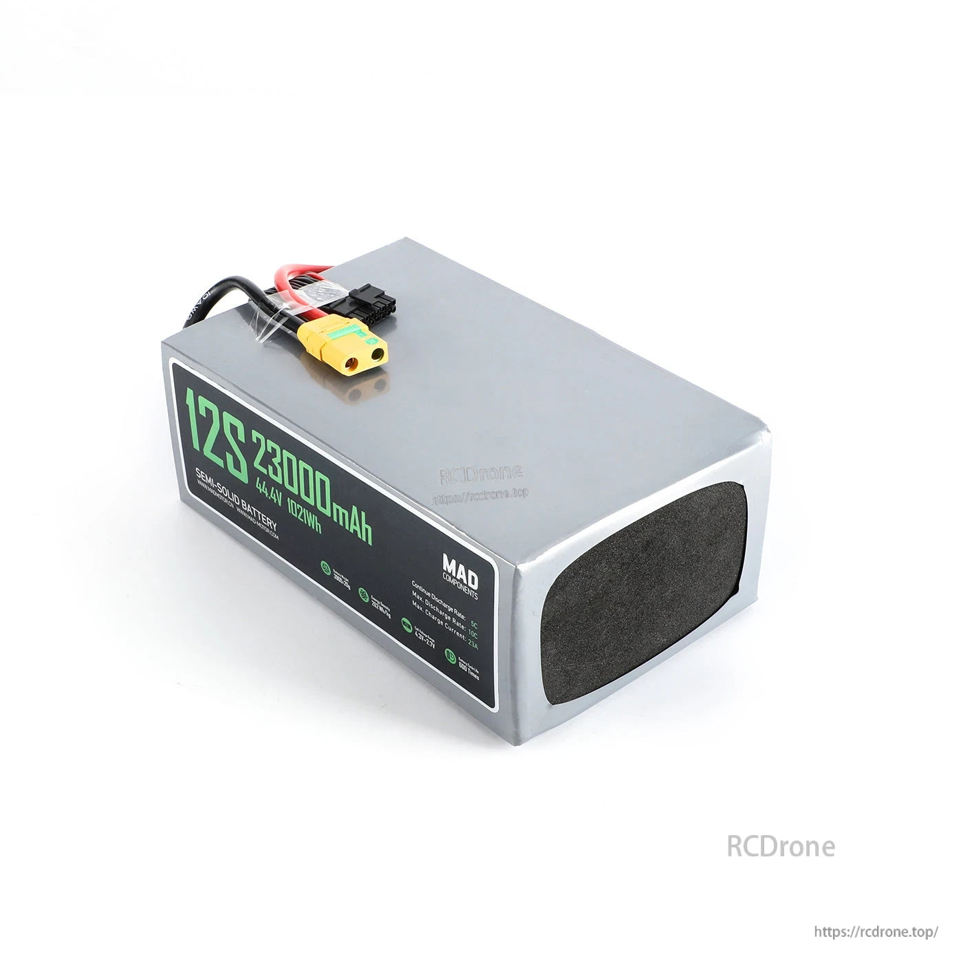 MAD 12S 23000mAh drone lithium-ion battery pack with XT90 connector and balance lead in silver case