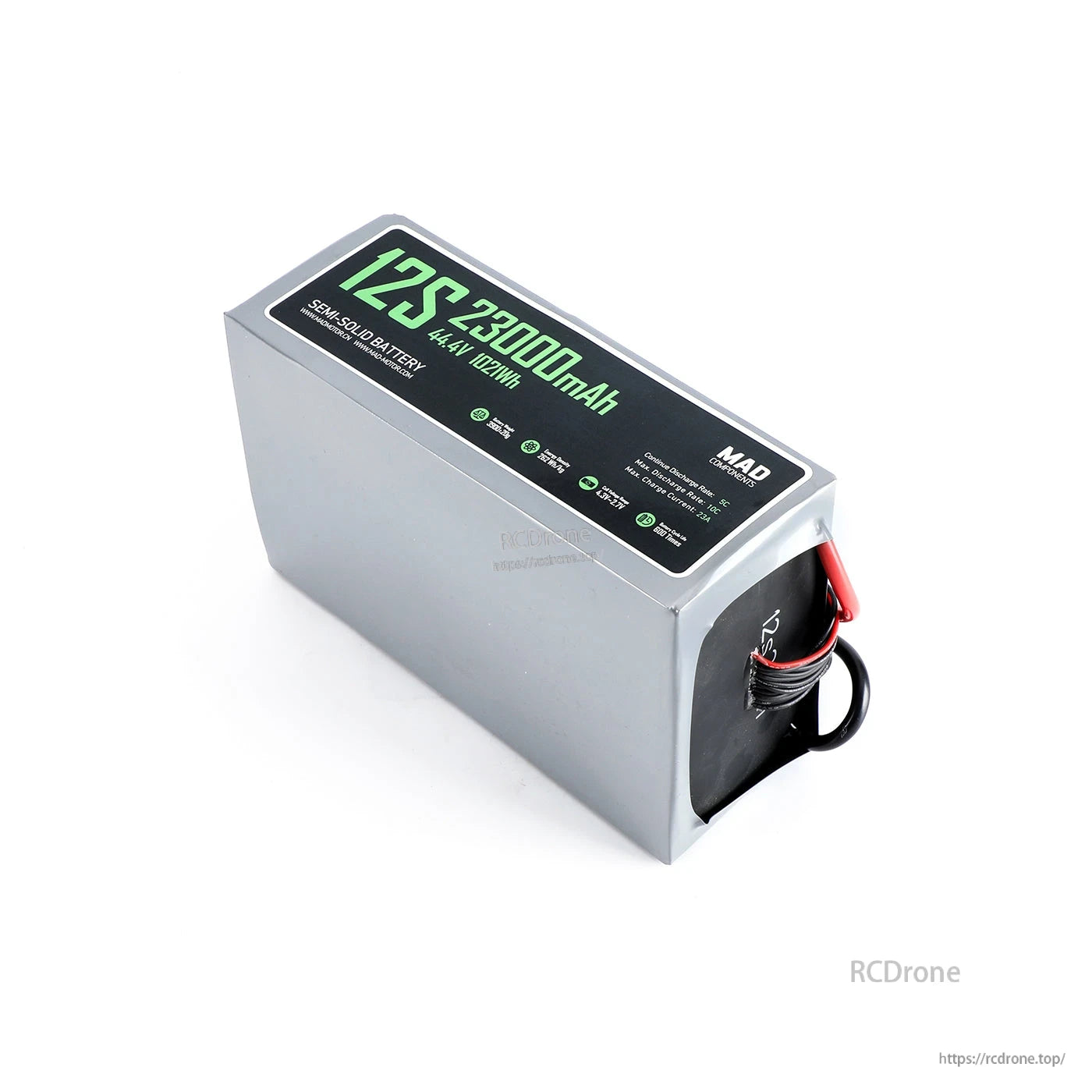 MAD 12S 23000mAh solid-state drone battery pack with 44.4V 1021Wh label and power leads