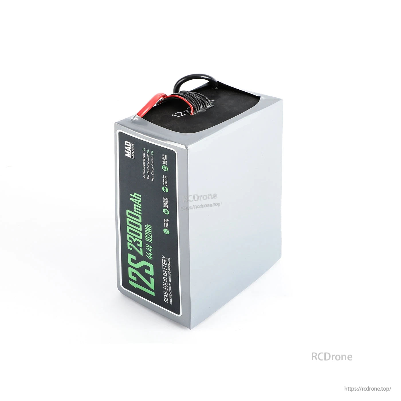 MAD 12S 23000mAh drone lithium-ion battery pack with silver casing, top handle, and red/black power leads