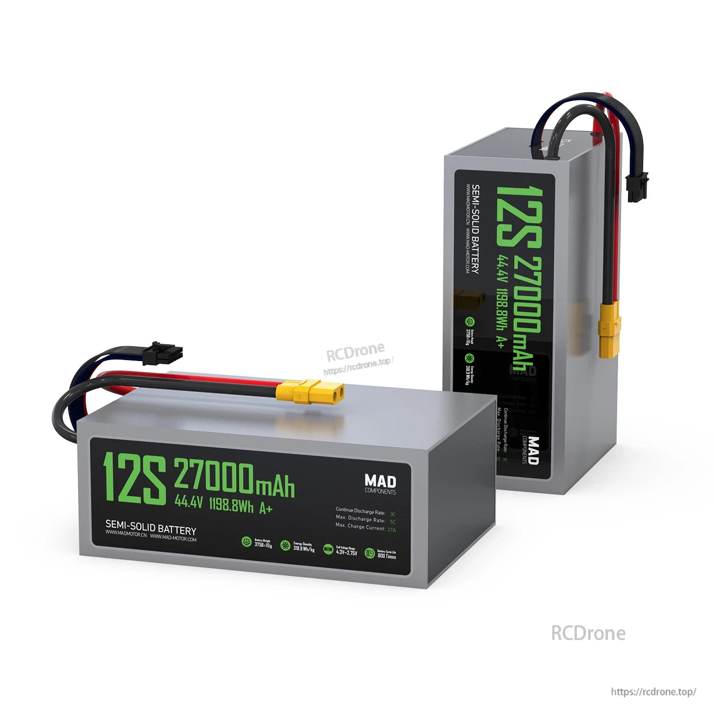MAD 12S 27000mAh 44.4V semi-solid drone lithium-ion battery pack with XT90-style connector and balance lead