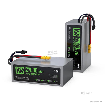 MAD 12S 27000mAh 44.4V semi-solid drone lithium-ion battery pack with XT90-style connector and balance lead