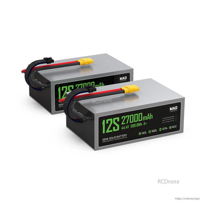 MAD 12S 27000mAh semi-solid drone battery pack with 44.4V 1198.8Wh label and yellow high-current connector