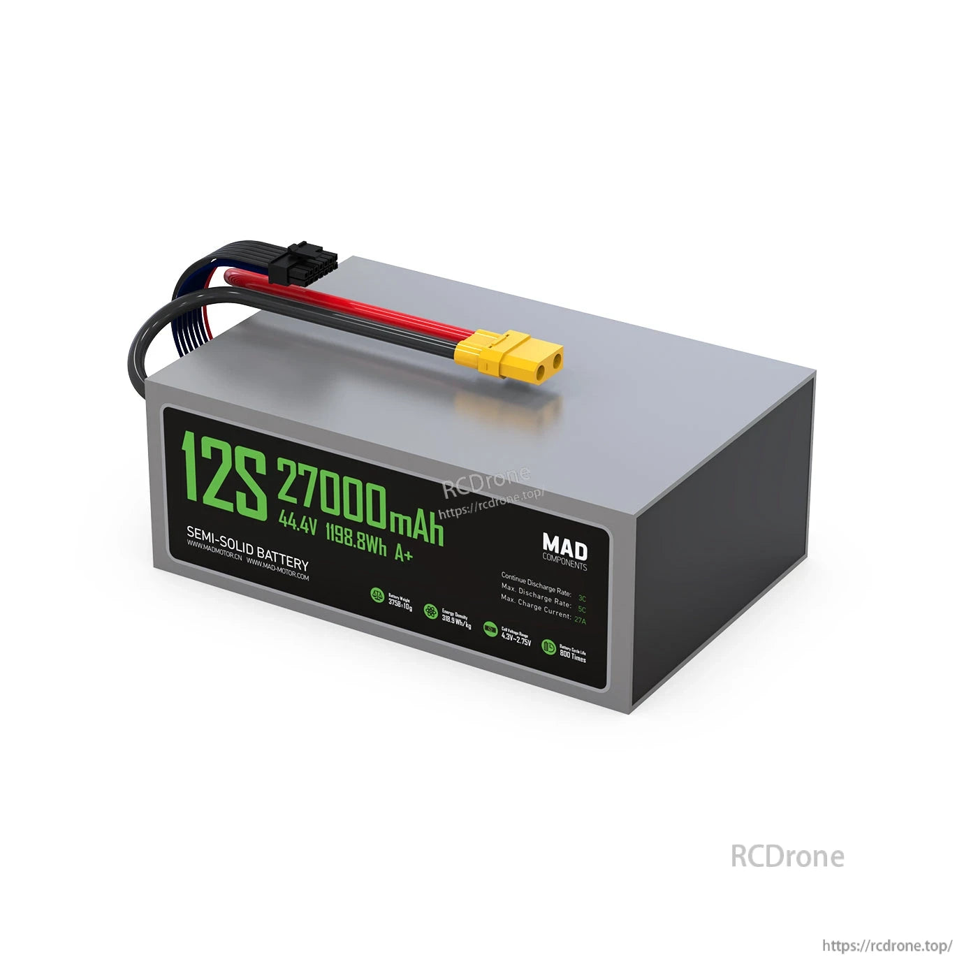 MAD 12S 27000mAh semi-solid drone battery pack with XT90 connector, labeled 44.4V 1198.8Wh A+