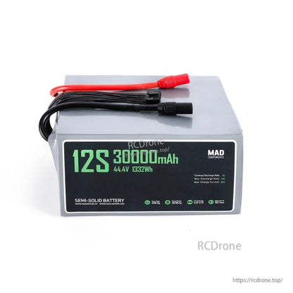 MAD 12S 30000mAh 44.4V 1332Wh semi-solid drone battery pack with power leads and balance connector