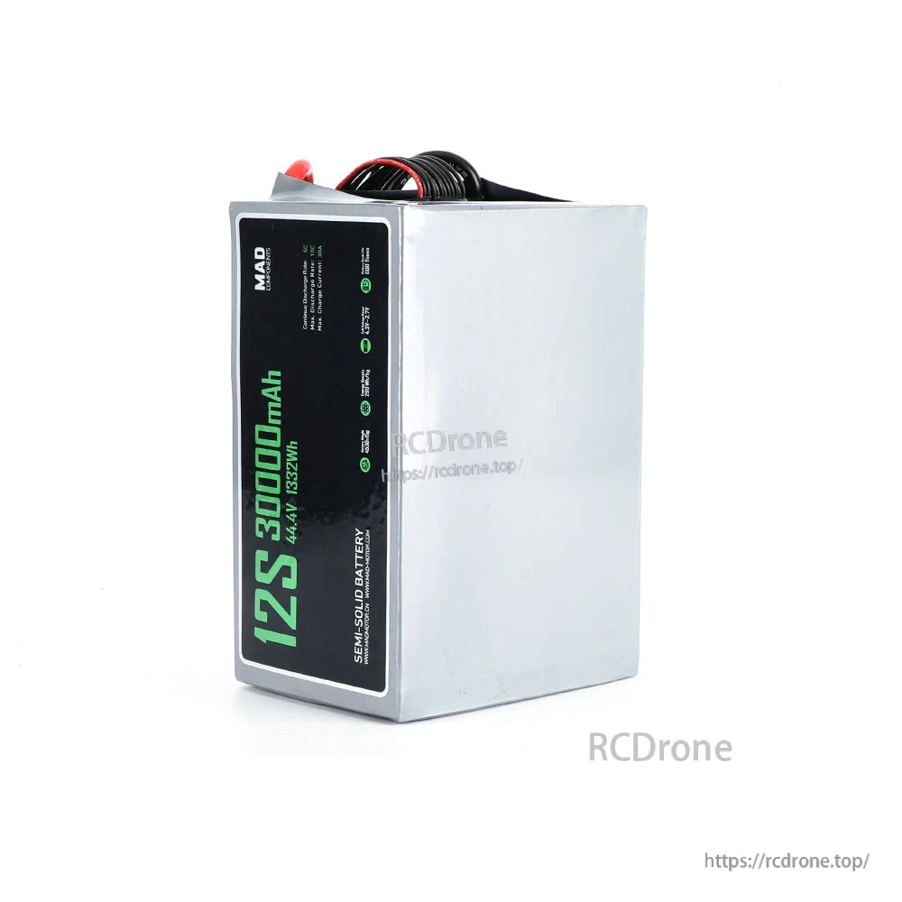 MAD 12S 30000mAh solid-state lithium-ion drone battery pack, 44.4V 1332Wh, in silver case with top leads