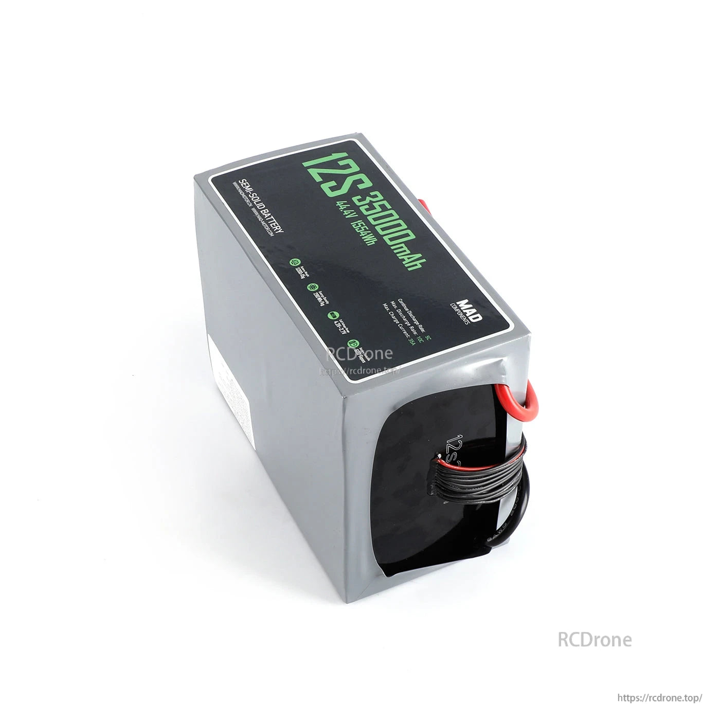 MAD 12S 35000mAh 44.4V drone lithium-ion battery pack in silver case with top label and heavy leads