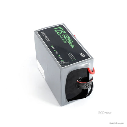 MAD 12S 35000mAh 44.4V drone lithium-ion battery pack in silver case with top label and heavy leads