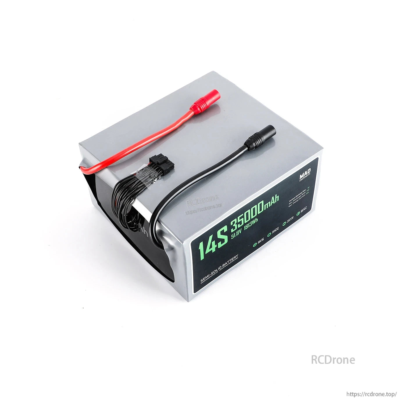 MAD 14S 35000mAh lithium-ion drone battery pack with silver case, red/black power leads and balance plug
