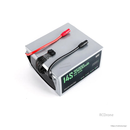 MAD 14S 35000mAh lithium-ion drone battery pack with silver case, red/black power leads and balance plug