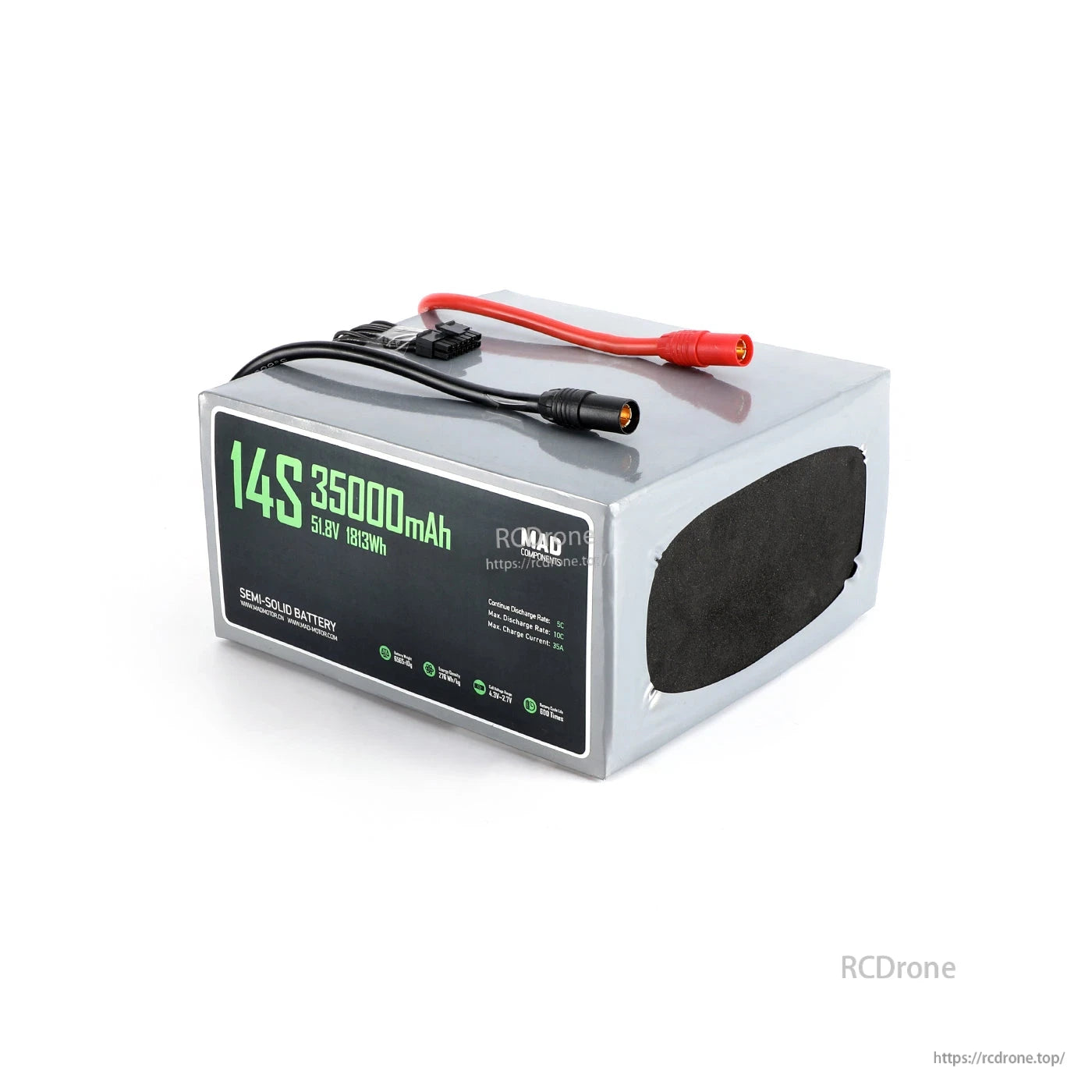 MAD 14S 35000mAh 51.8V solid-state lithium-ion drone battery pack with red/black power leads and connectors