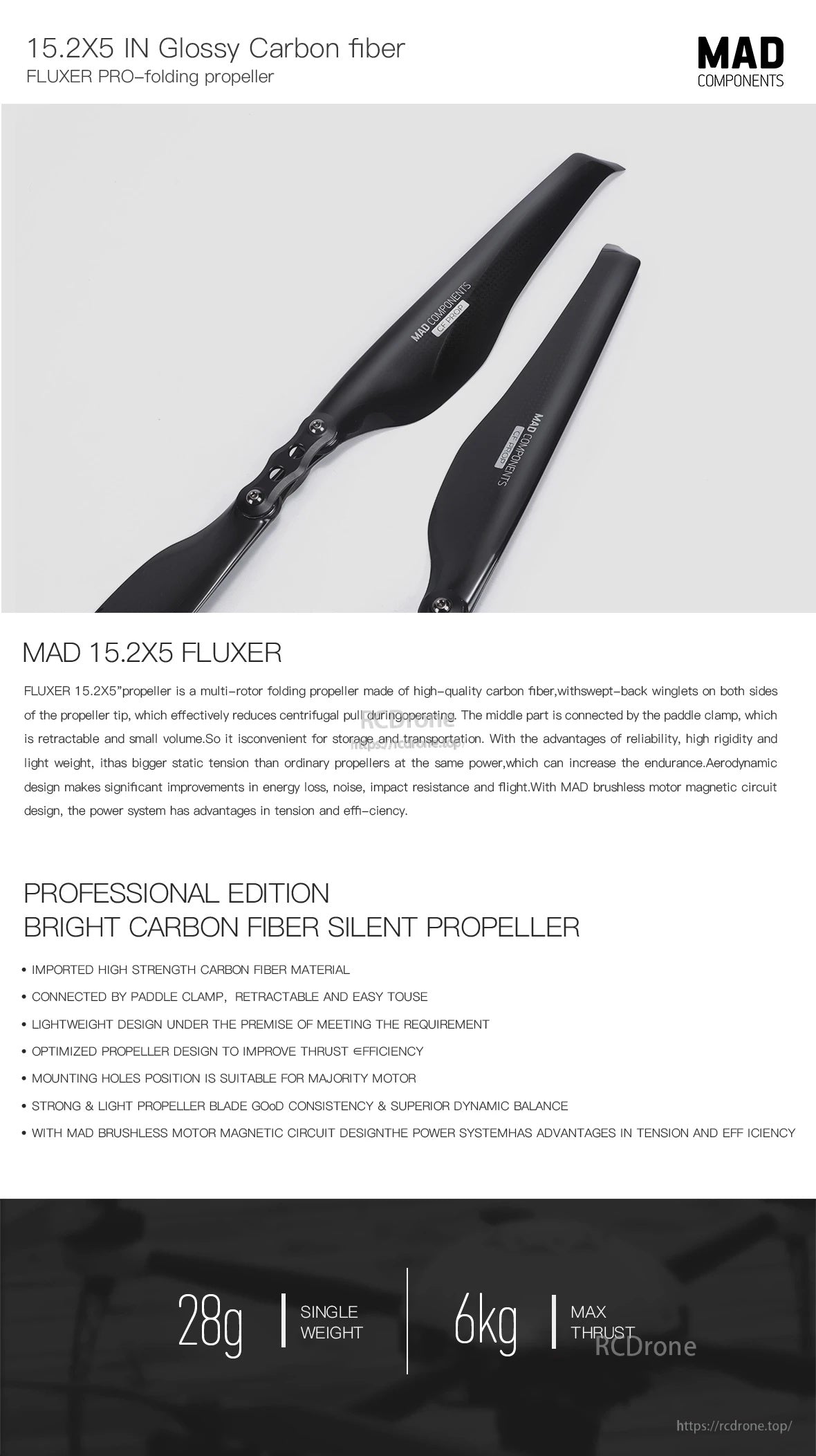 MAD 15.2x5 Inch FLUXER Pro Glossy Carbon fiber folding propeller