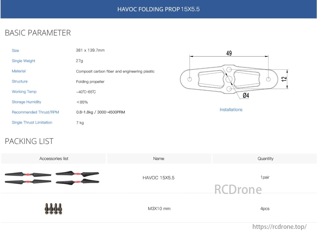 MAD HAVOC Propeller, HAVOC FOLDING PROP 15X5.5 is a lightweight, durable propeller made of carbon fiber and plastic, with a thrust range of 0.8-1.8 kg, including one pair and screws.
