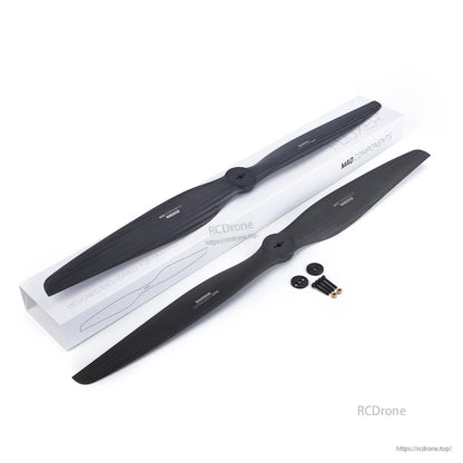 MAD 16.1x6.4in FLUXER VTOL Carbon Fiber Propeller, Pair of MAD FLUXER 16.1x6.4 carbon fiber VTOL propellers with mounting hardware and branded box