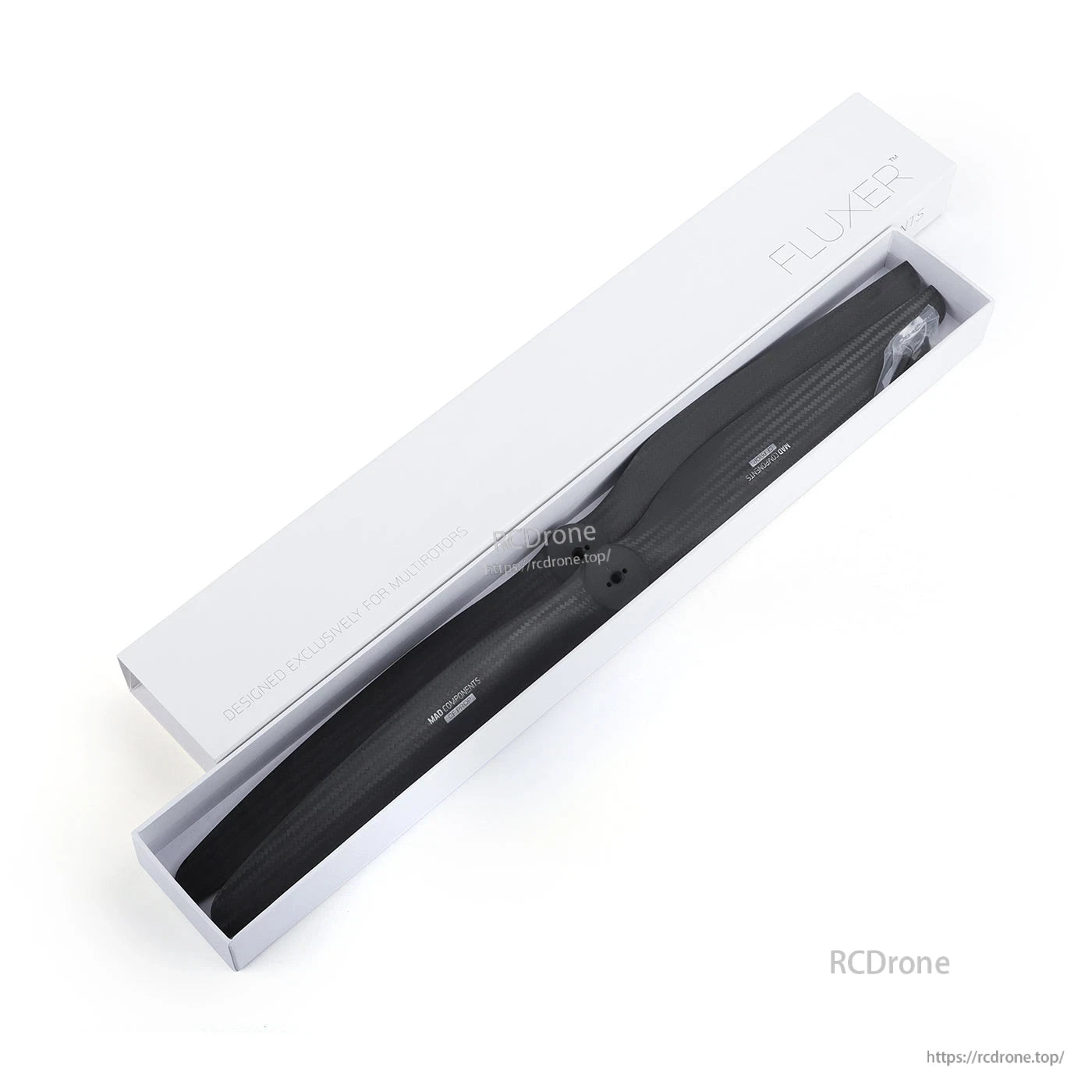MAD 16.1x6.4in FLUXER VTOL Carbon Fiber Propeller, FLUXER MAD 16.1x6.4 carbon fiber VTOL propeller in white retail box with black blade visible