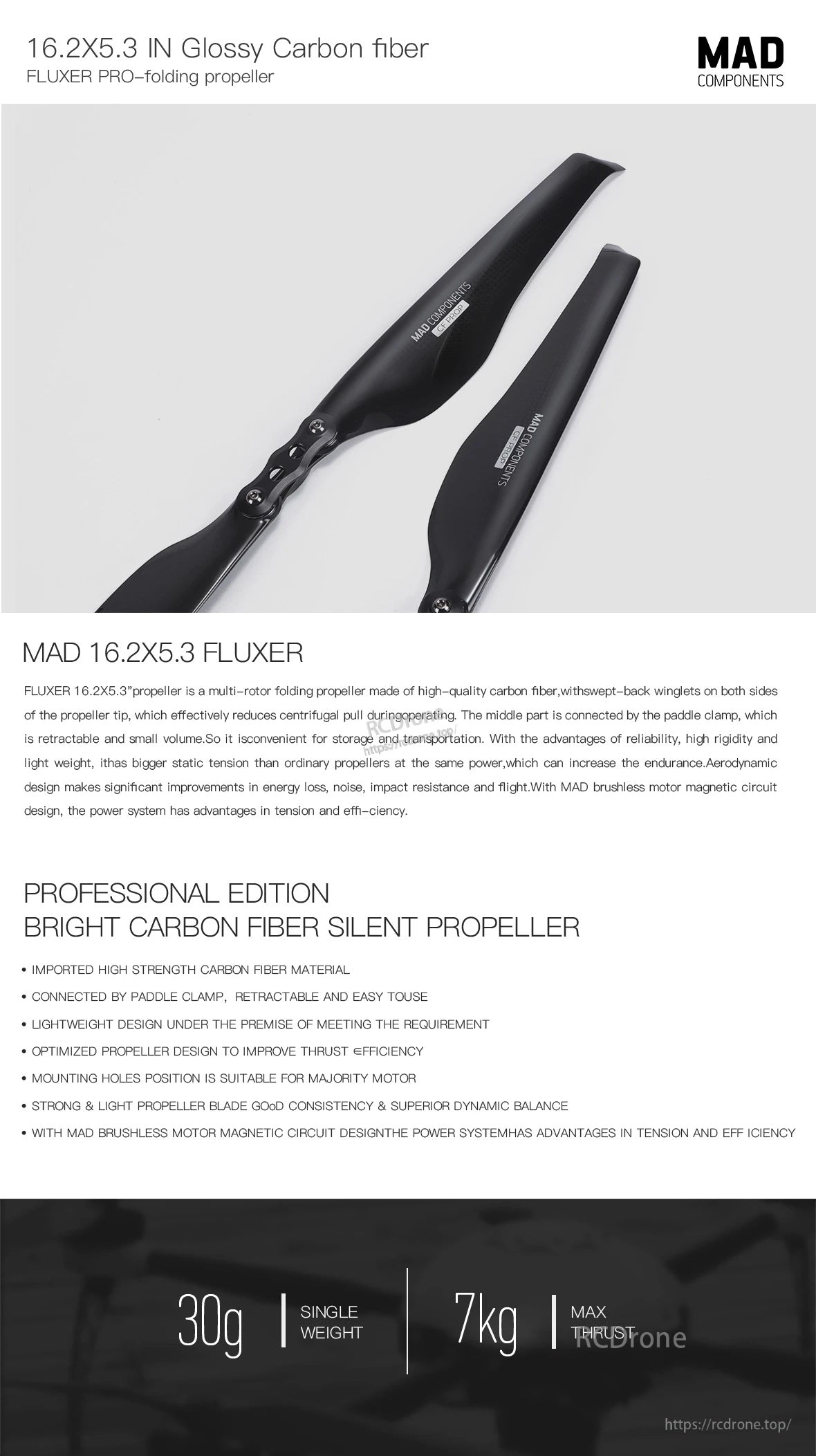 MAD 16.2x5.3 Inch FLUXER Pro Glossy Carbon fiber folding propeller