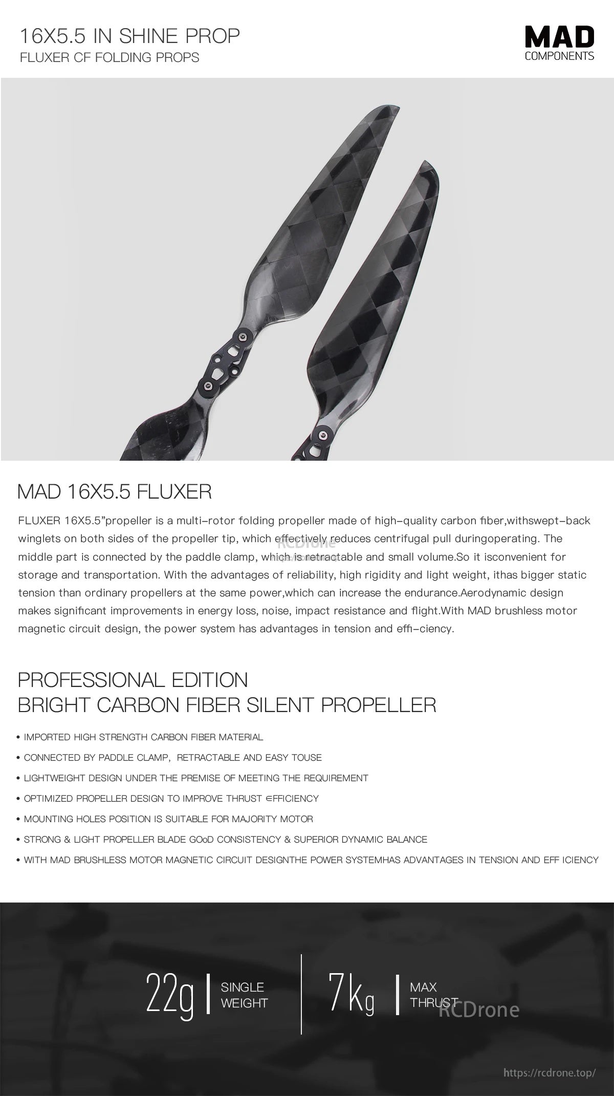 MAD 16X5.5 Inch FLUXER Pro Glossy Carbon fiber folding propeller
