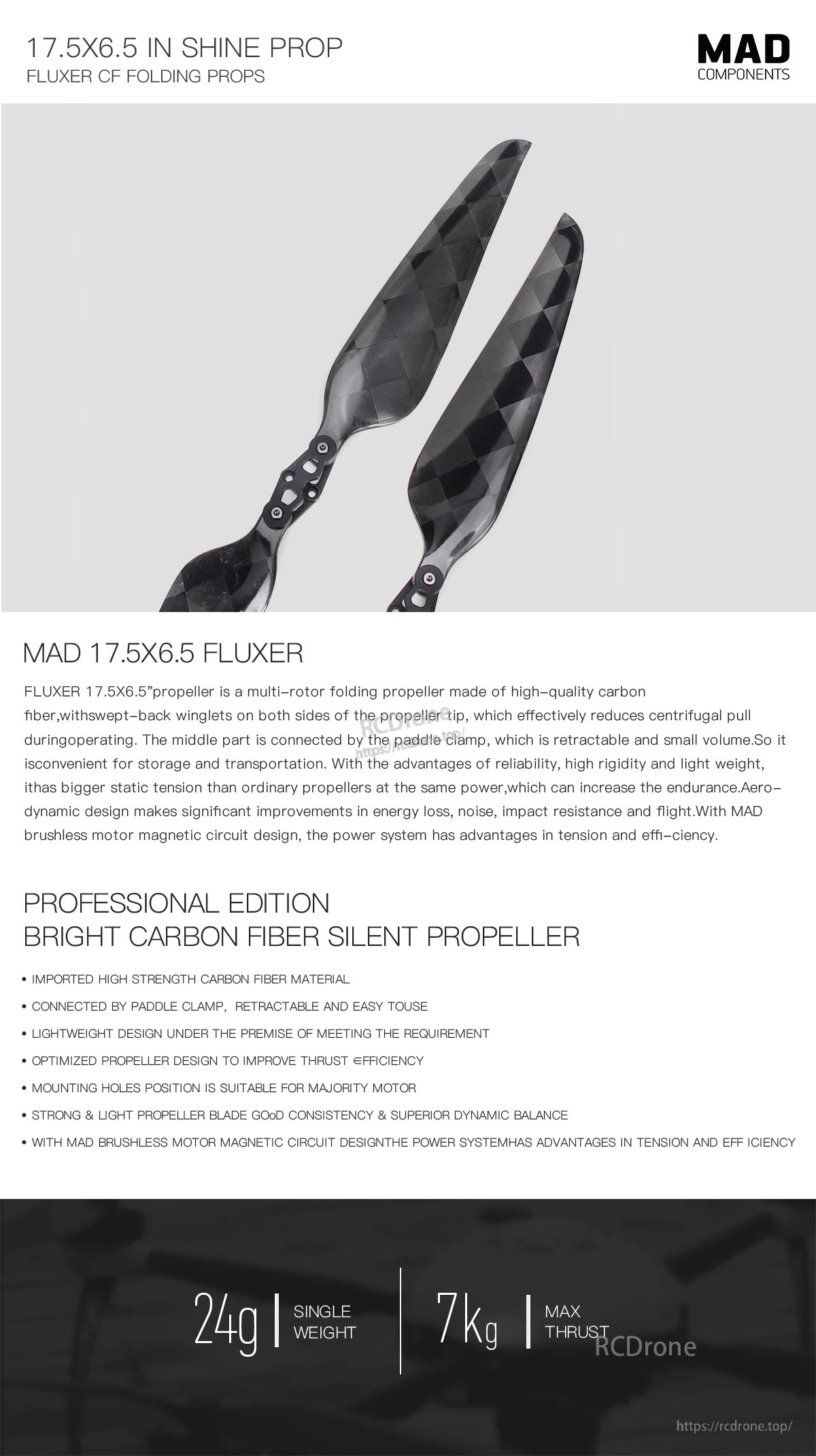 MAD 17.5x6.5 Inch FLUXER Pro Glossy Carbon fiber folding propeller