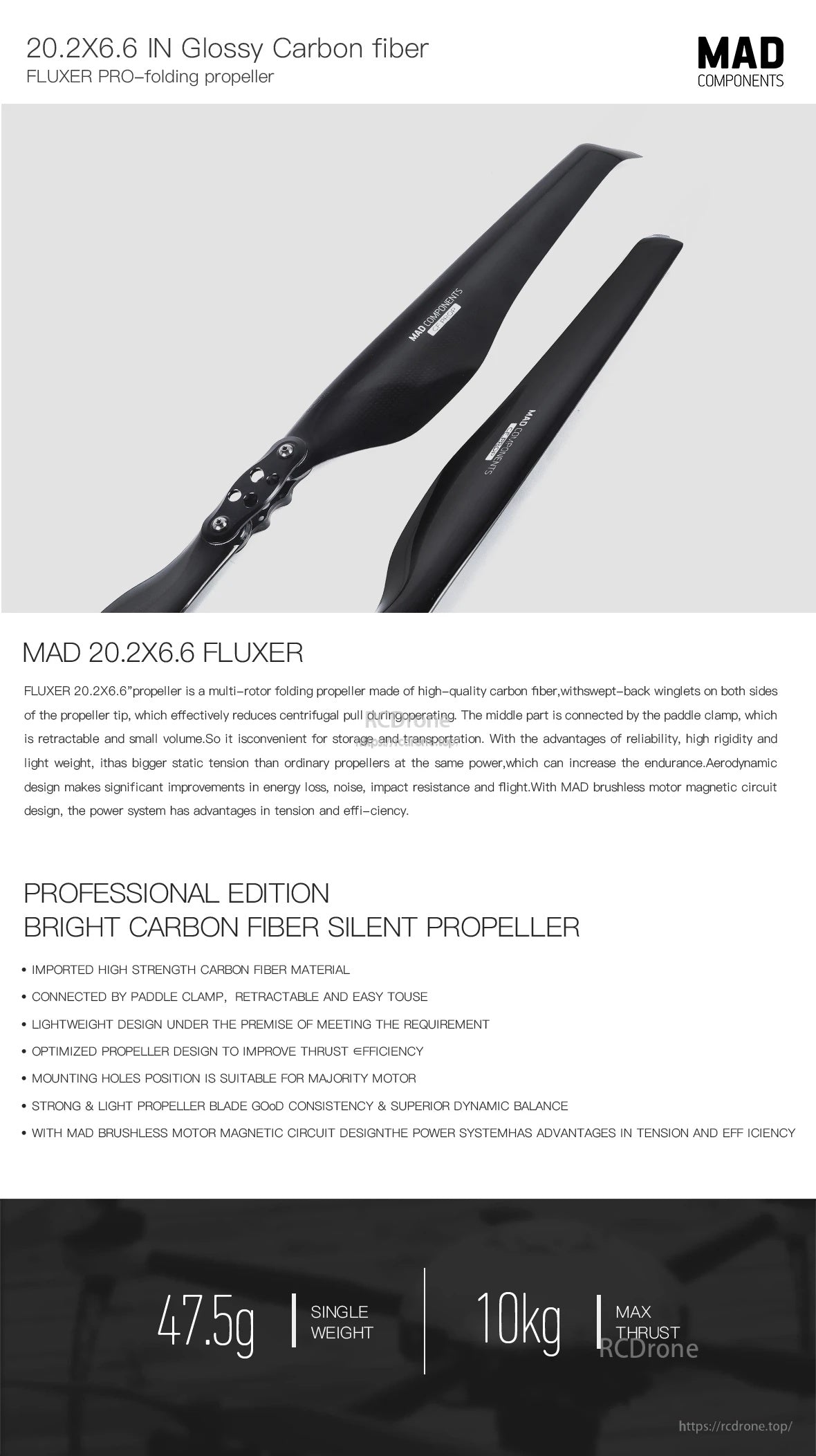 MAD FLUXER Pro glossy carbon fiber folding propeller, 20.2x6.6in, black blades with mounting hub
