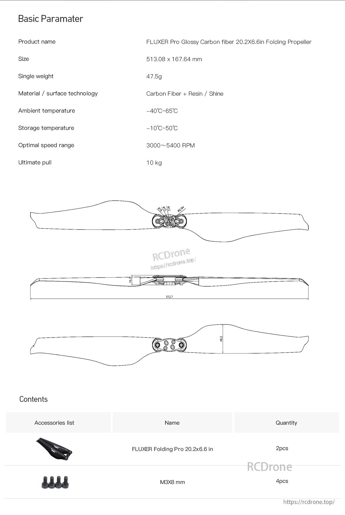 Spec sheet for FLUXER Pro glossy carbon fiber 20.2x6.6in folding propeller with dimensions and contents list
