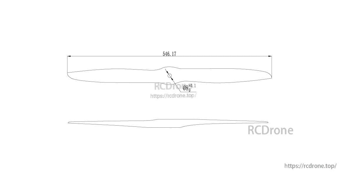 MAD 21.5 Inch Carbon Fiber Propeller, MAD 21.5-inch propeller dimension drawing showing 546.17 mm span with top and side blade profiles