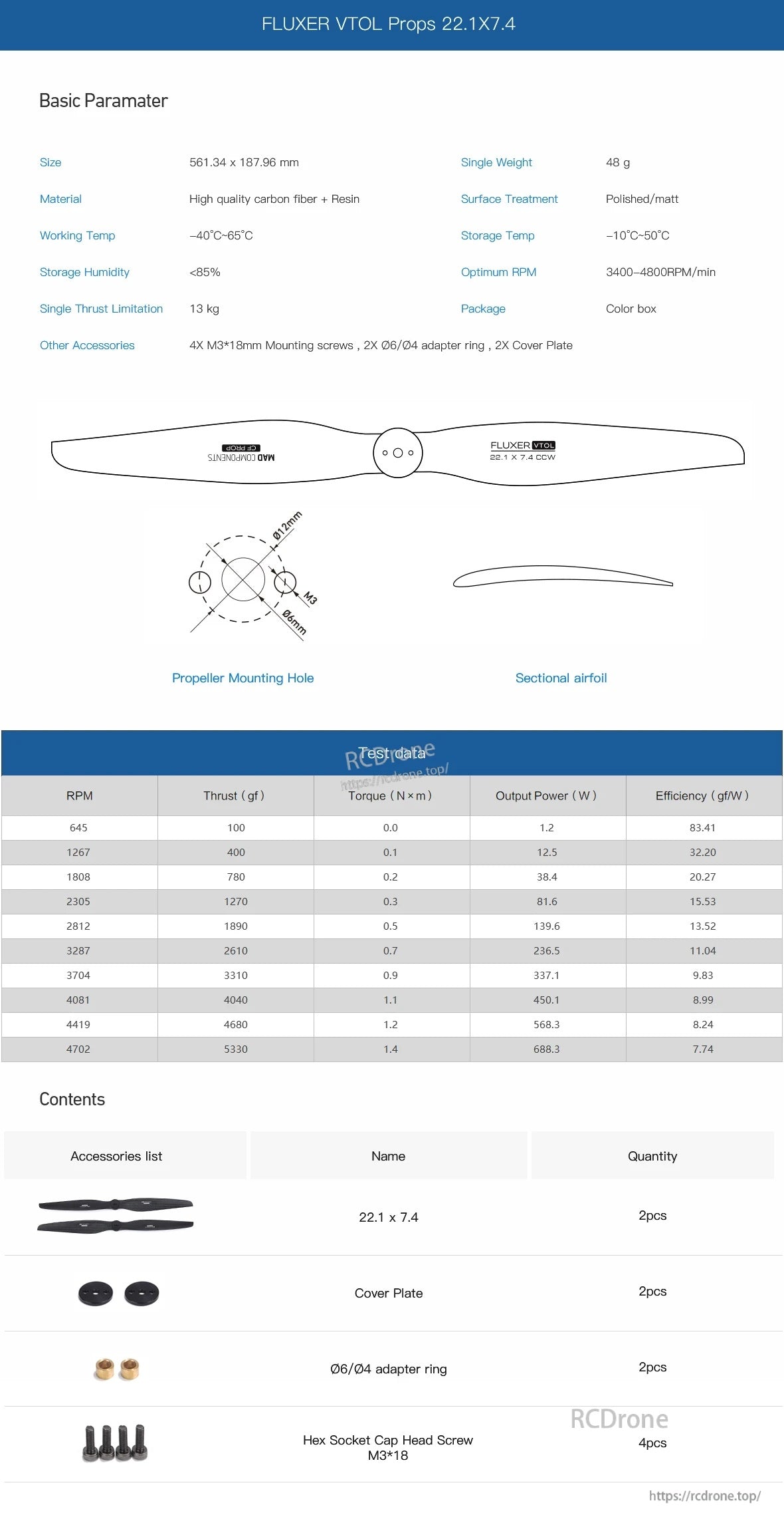 MAD FLUXER VTOL Carbon Fiber Propeller, FLUXER VTOL 22.1x7.4 carbon fiber propeller spec sheet with prop dimensions, performance table, and included hardware
