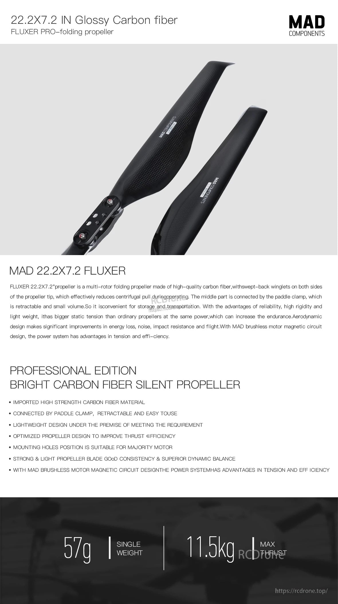 MAD 22.2x7.2 Inch FLUXER Pro Glossy Carbon fiber folding propeller