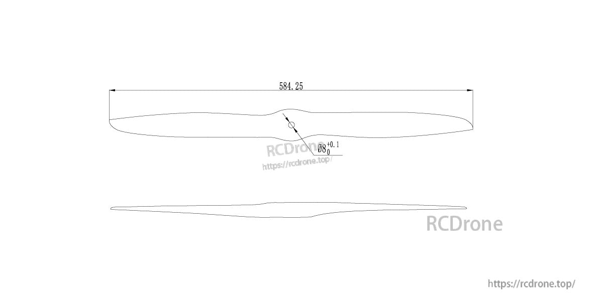 MAD 23 Inch Carbon Fiber Propeller, Technical drawing of a MAD 23-inch carbon fiber propeller blade profile with 584.25 mm length dimension