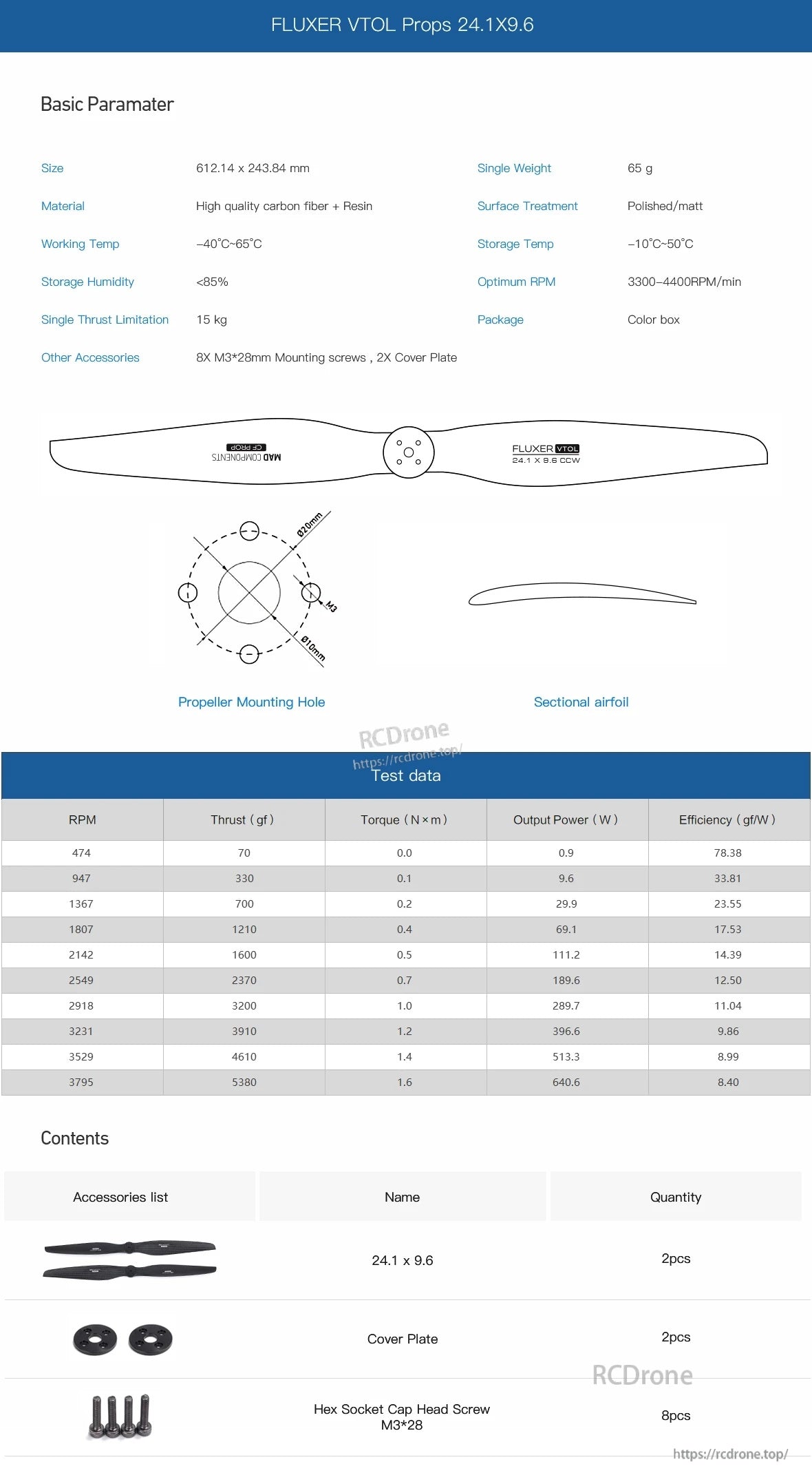MAD FLUXER VTOL carbon fiber propeller spec sheet with 24.1x9.6 size, mounting hole diagram, and contents list