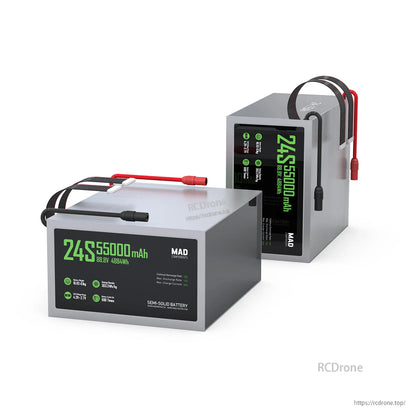 MAD 24S 55000mAh 88.8V semi-solid drone battery pack with carry handle and red/black power leads