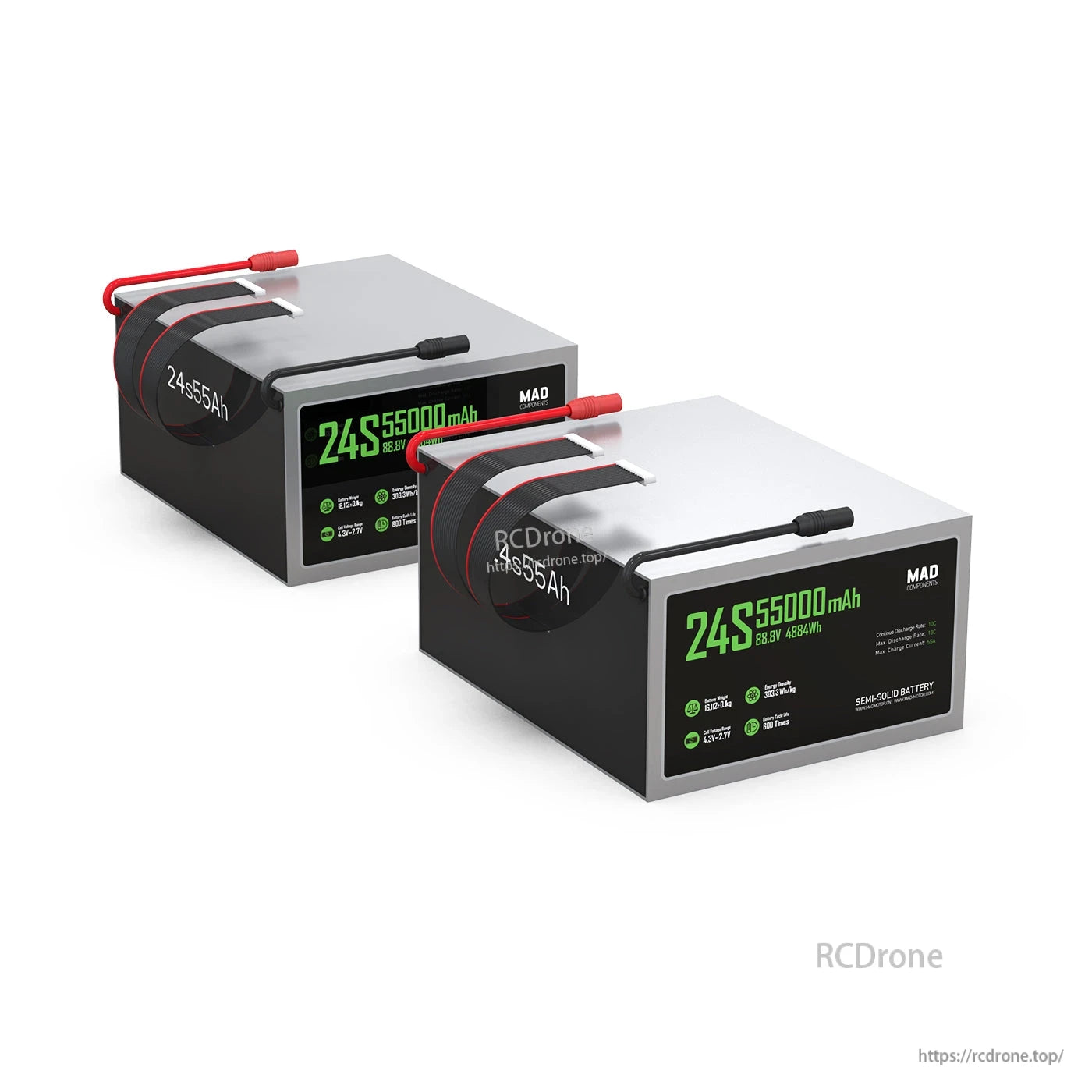 MAD 24S 55000mAh drone lithium-ion battery pack with red power leads, 88.8V 4884Wh label on case