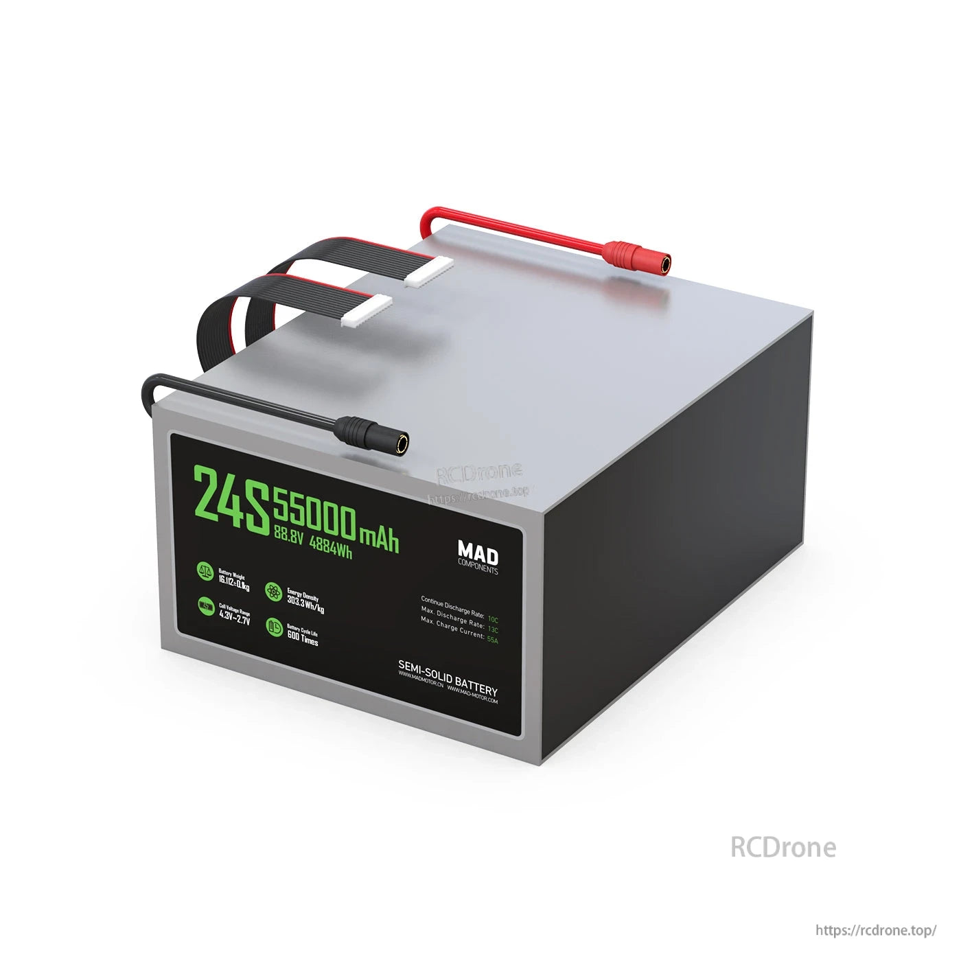 MAD 24S 55,000mAh 88.8V 4884Wh semi-solid drone battery pack with carry straps and red/black power leads