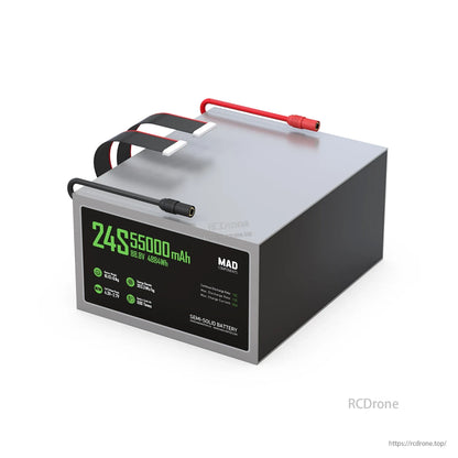 MAD 24S 55,000mAh 88.8V 4884Wh semi-solid drone battery pack with carry straps and red/black power leads