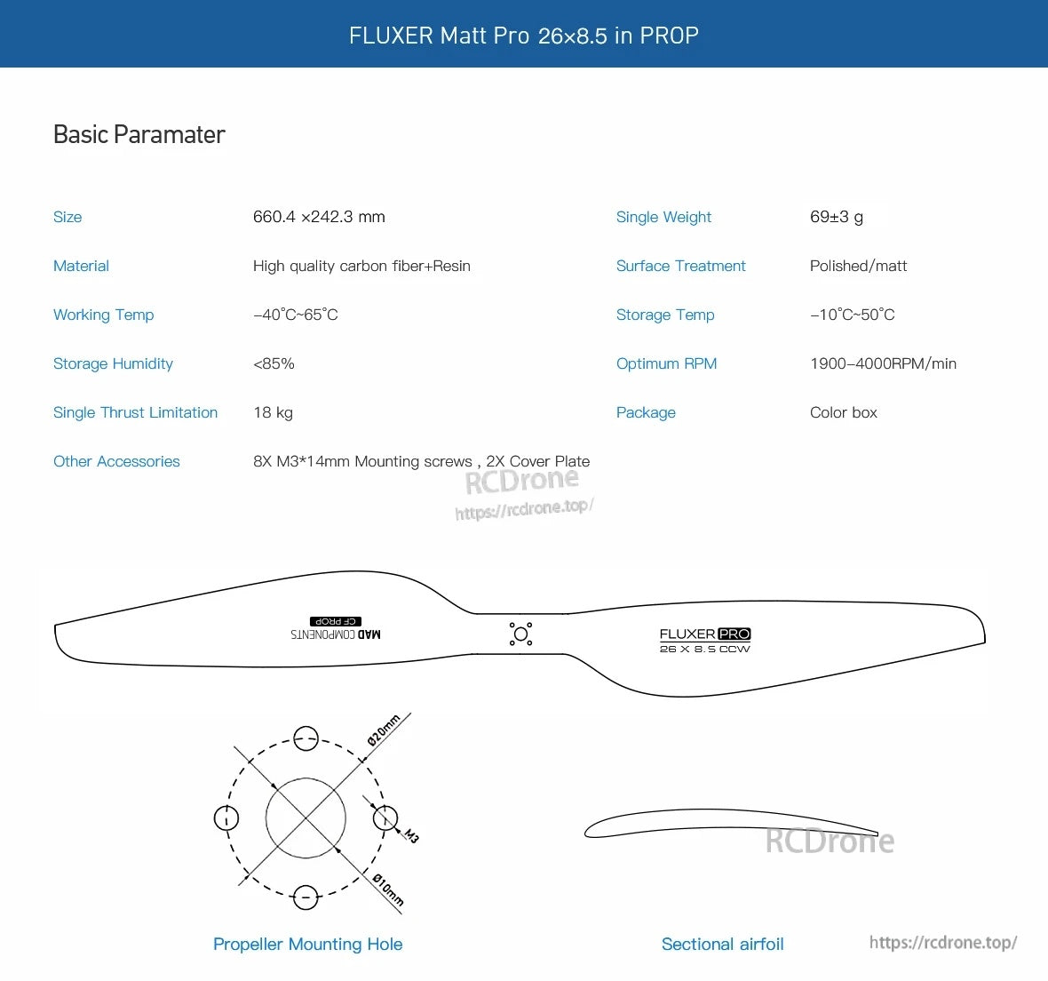 MAD 26x8.5 Inch FLUXER pro Matt carbon fiber propeller