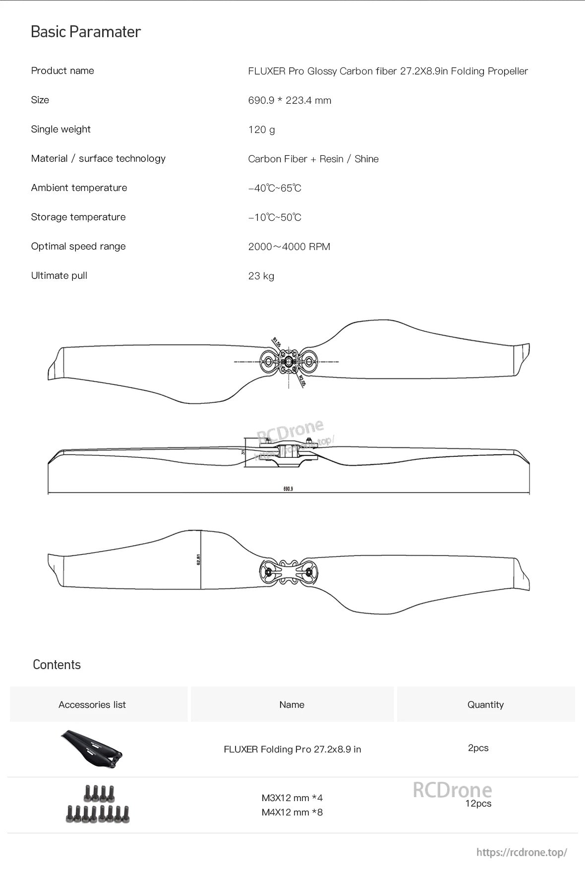 MAD 27.2x8.9 Inch FLUXER Pro Glossy Carbon fiber folding propeller