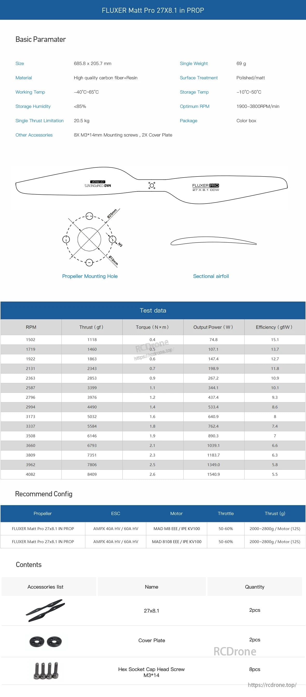 Specification sheet for MAD FLUXER Pro 27x8.1 matte carbon fiber CCW propeller with mounting diagram and test data table