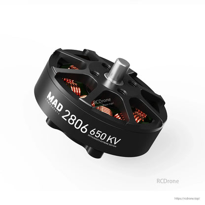MAD 2806 EEE V1.0 Drone Motor, MAD 2806 650KV brushless drone motor with black housing, exposed copper windings, and silver shaft