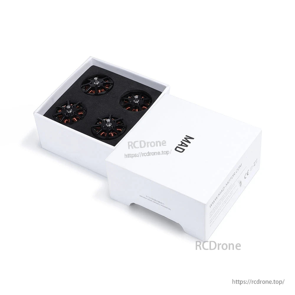 MAD 2806 EEE V1.0 drone motors set of four in foam tray inside white MAD box