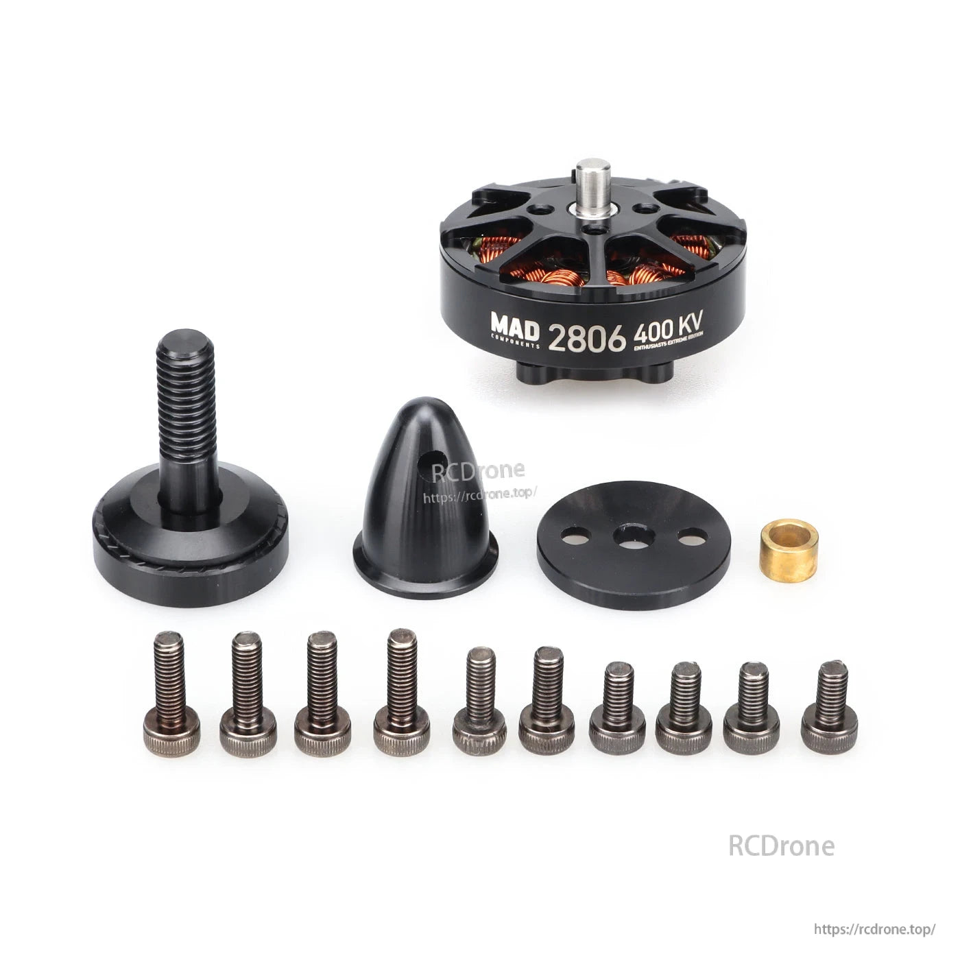 MAD 2806 EEE V1.0 Drone Motor, MAD 2806 400KV drone motor with mounting screws and prop adapter parts laid out on a white background