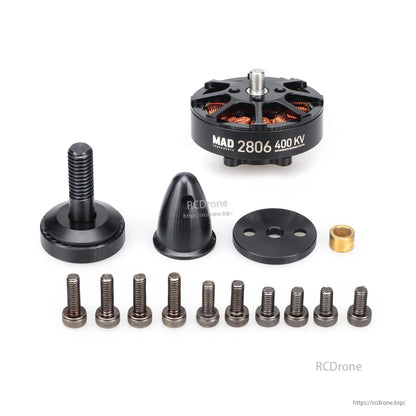 MAD 2806 EEE V1.0 Drone Motor, MAD 2806 400KV drone motor with mounting screws and prop adapter parts laid out on a white background