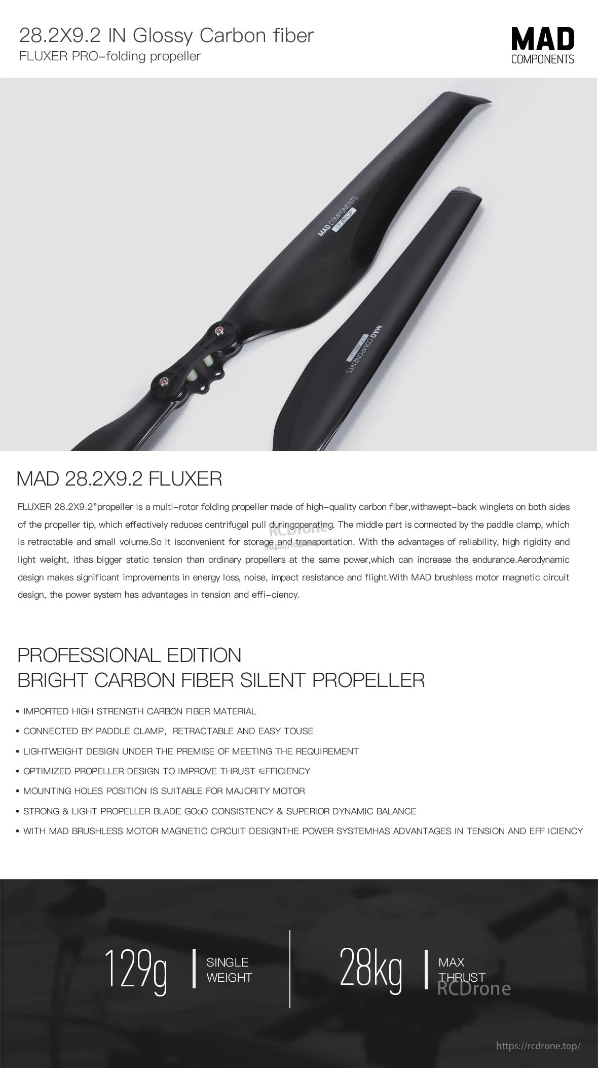 MAD 28.2X9.2 Inch FLUXER Pro Glossy Carbon fiber folding propeller