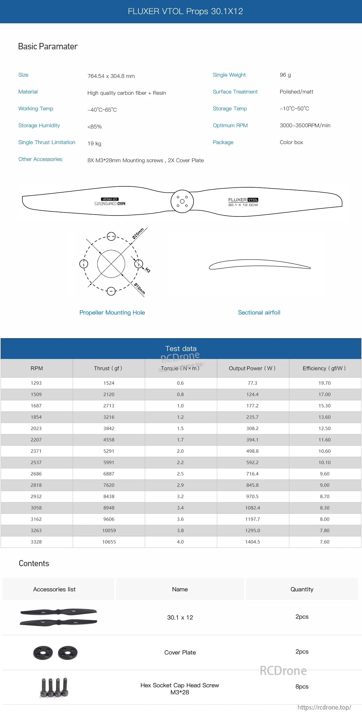 MAD FLUXER VTOL carbon fiber propeller 30.1x12 spec sheet with mounting hole pattern and included hardware list