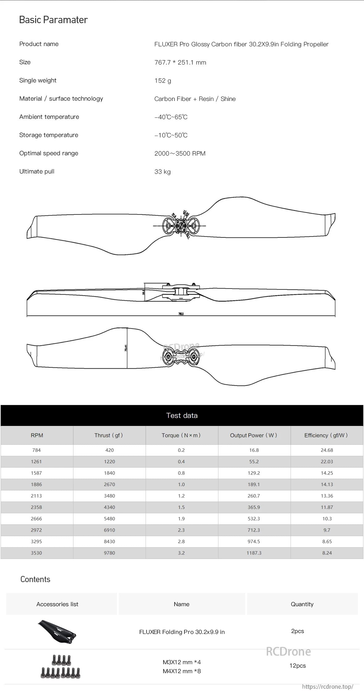 Specification sheet for FLUXER Pro 30.2x9.9in glossy carbon fiber folding propeller with test data and contents list