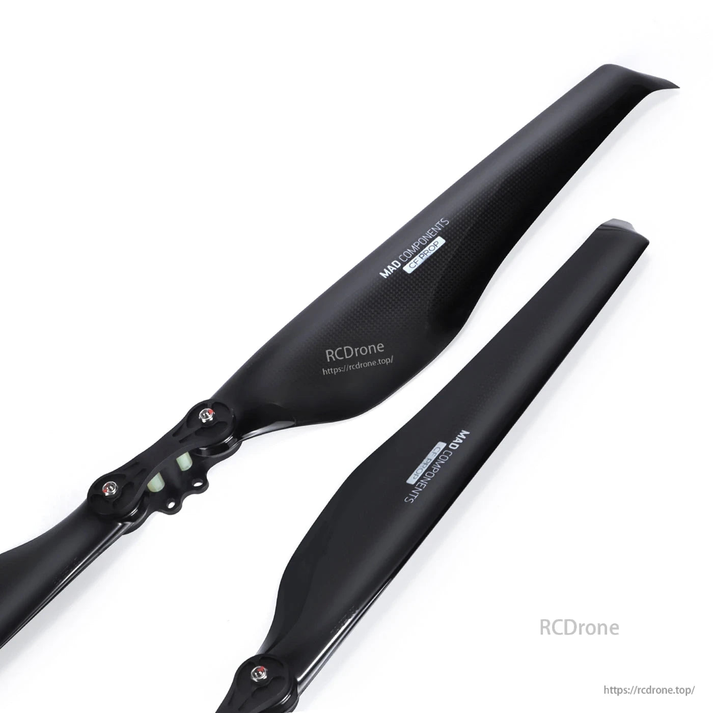 MAD FLUXER Pro glossy carbon fiber folding propeller blades in black with folding hub hardware