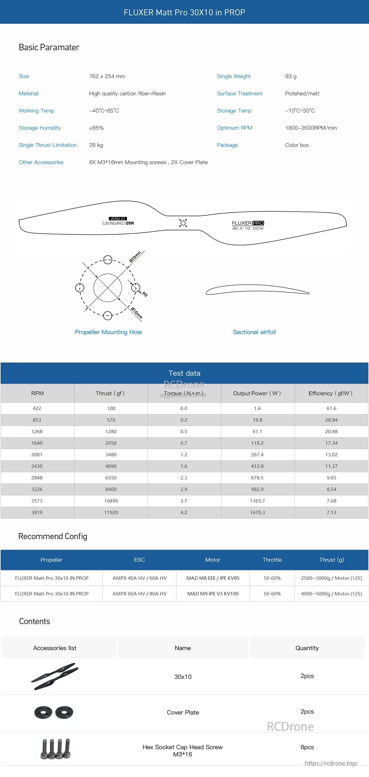 MAD FLUXER Pro Matt 30x10 inch carbon fiber propeller spec sheet with mounting hole diagram, test data, and contents list