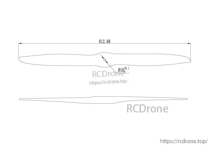 MAD 32 Inch Carbon Fiber Propeller, Technical drawing of MAD 32-inch carbon fiber propeller with 812.88 mm overall length and 10.0±0.1 mm center thickness